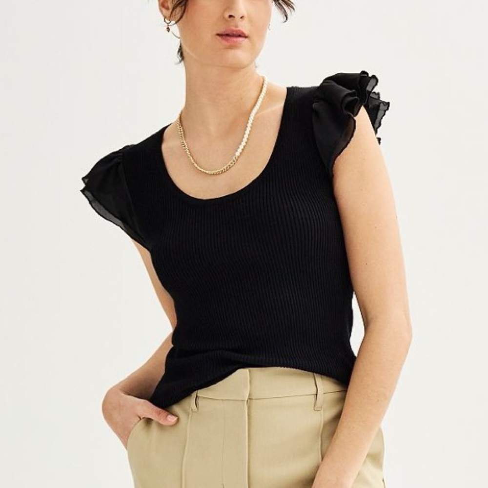 Philosophy Black Layered Flutter Sleeve Woven Rib Scoop Neck Top Size Large - Picture 2 of 14